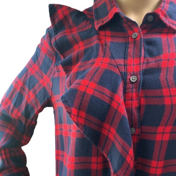 Banana Republic Red Navy Plaid Flannel Dillon Button Up Academia Ruffled Top Med - Picture 3 of 13